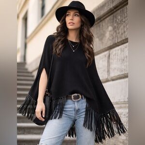 Cynthia Rowley Black Fringe Poncho